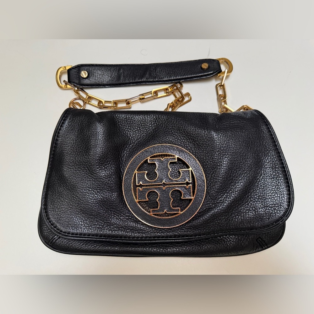 Tory Burch Black Buttery Soft Leather Shoulder Bag with Gold Chain